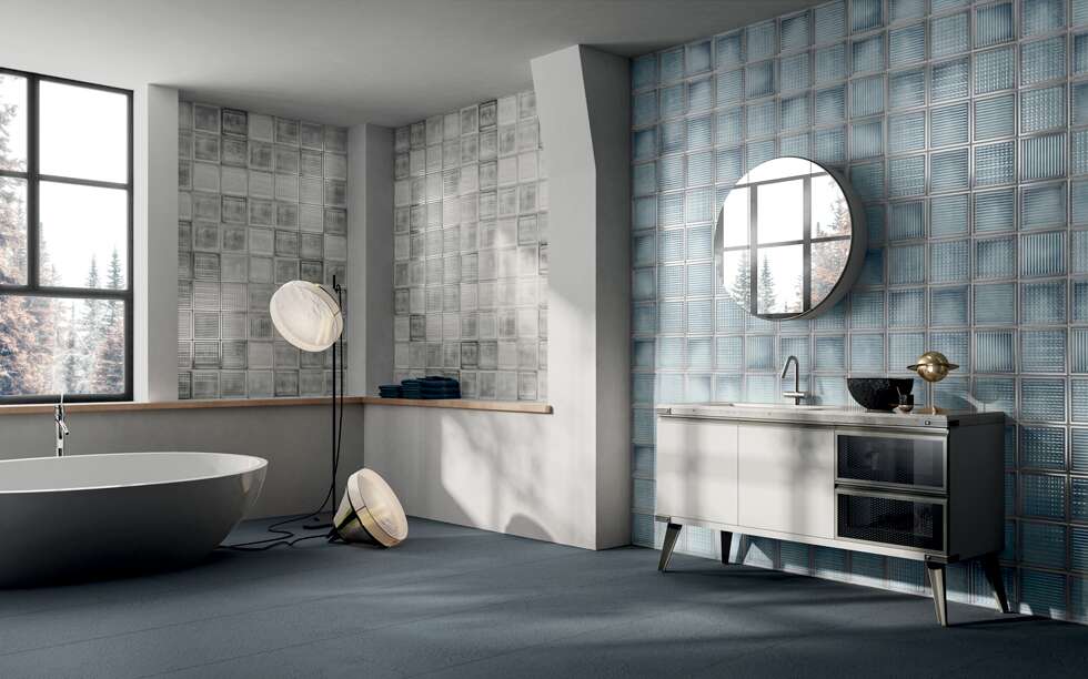 Diesel Living, Iris Ceramica Wall Tiles, Glass Blocks, Glass Dusty White, 8”x8”