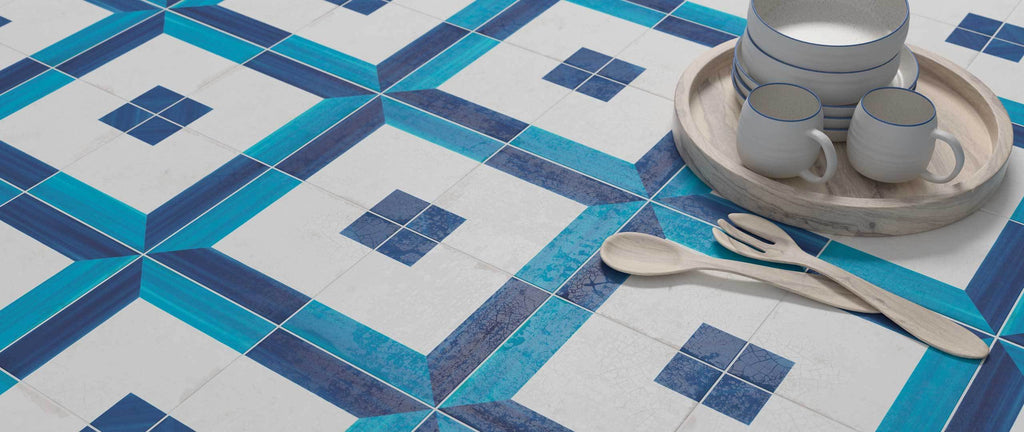 WOW Floor Tiles, Blanc et Bleu Collection, Square Decor