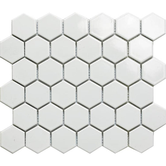 Elysium Tiles, Handmade Porcelain Mosaic, White Hexagon Polished, 2” x 2”