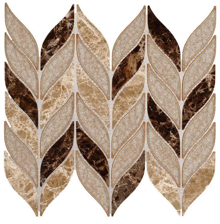 Elysium Tiles, Crackle Glass Mosaic, Leaf, Multi-color, 10" x 12"