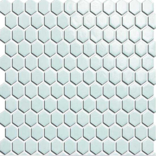 Elysium Tiles, Handmade Porcelain Mosaic, White Hexagon, Multi-color